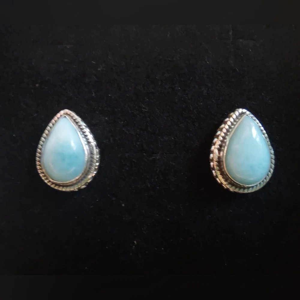 Dainty Silver Larimar Teardrop Stud Earrings